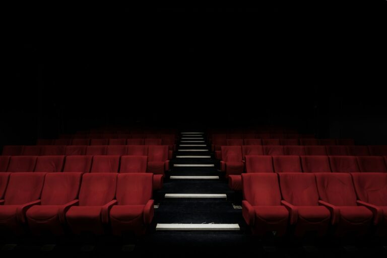 Rows of seats facing a cinema screen in a dark movie theater